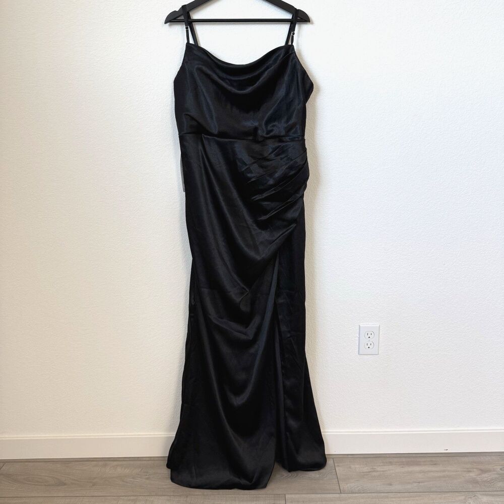 Azazie Marzia Sheath Cowl Pleated Stretch Satin Dress Black Women's Size A16